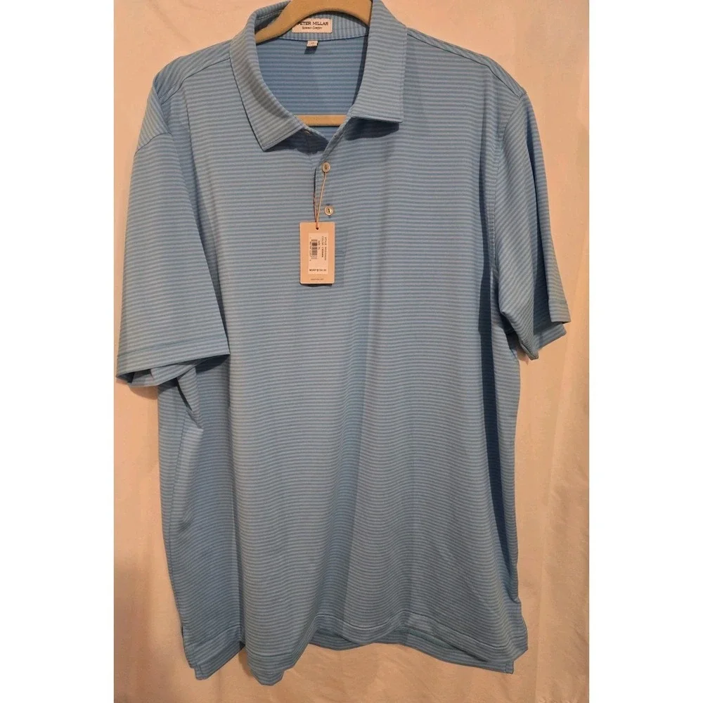 Peter Millar Mens SZ XL Caribbean Blue Striped Performance Polo Mens Logo NWT - Picture 1 of 5